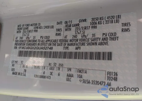 2016 Ford Escape Se z USA, uszkodzony, nr VIN 1FMCU0GX2GUA52748